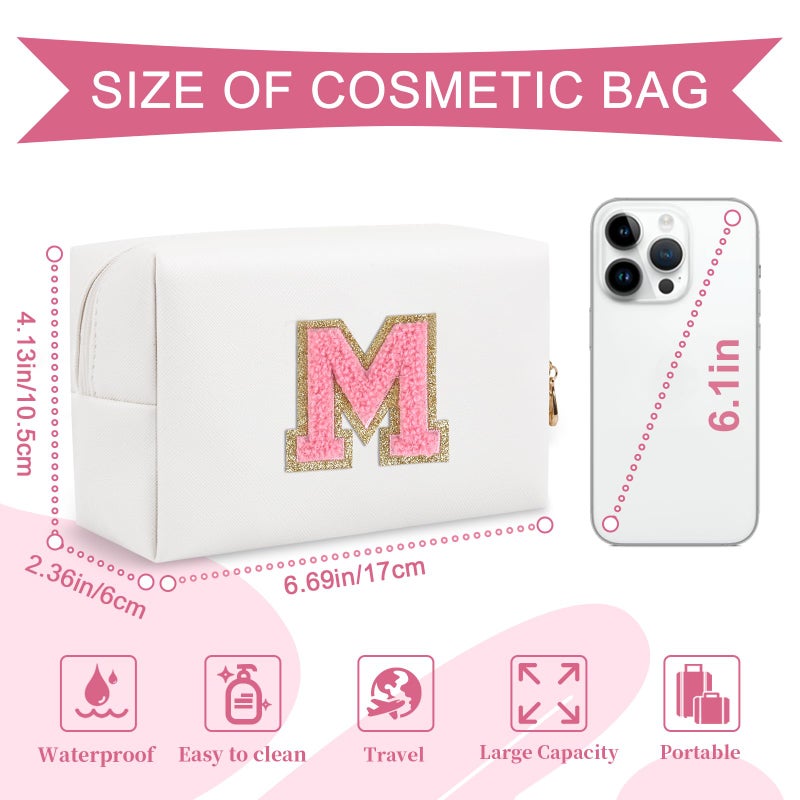 ChaoGreat Personalized Makeup Bag Initial A-Z Preppy Patch Bag,Small PU Leather Travel Cosmetic Bag Pouch with Zipper,White Cute Toiletry Bag,Gift Ideal for Teen Girls Women Birthday Friend Mom,Letter M - Image 2