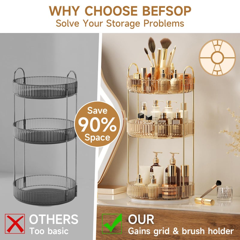 BEFSOP 360Â° Rotating Makeup Organizer, Upgraded 3 Tier Skincare Perfume Organizers for Women, Bathroom Organizer Countertop, Clear Cosmetic Dresser Organizer with Makeup Brush Holder, Sink&Counter(Amber) - Image 3