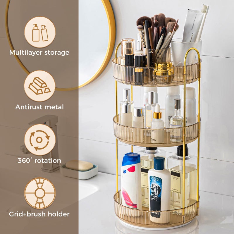 BEFSOP 360Â° Rotating Makeup Organizer, Upgraded 3 Tier Skincare Perfume Organizers for Women, Bathroom Organizer Countertop, Clear Cosmetic Dresser Organizer with Makeup Brush Holder, Sink&Counter(Amber) - Image 5