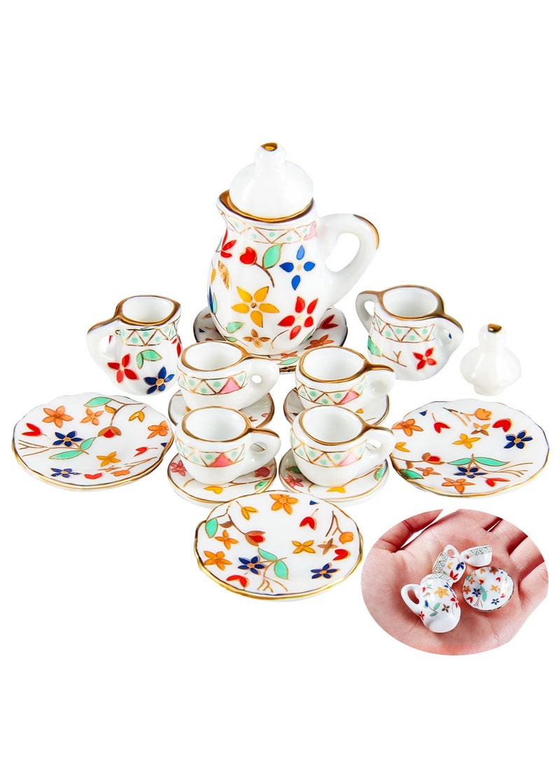 إكسفور Miniature Porcelain Tea Cup Set Dollhouse Kitchen Accessories Set Small Party Accessories Teapot for Kids Flower Pattern Teapot Cup Plates 15 Pieces - Image 1