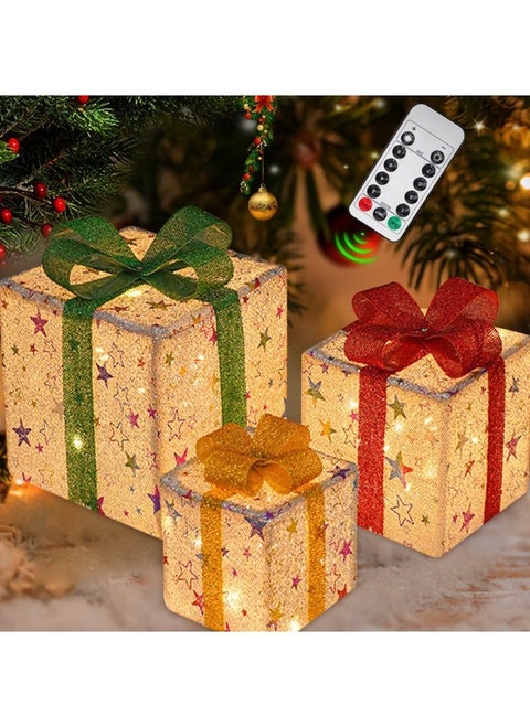 3Pcs Christmas Lighted Gift Boxes with Remote Control, Pre Lit 50 LED Light-Up Presents Box, Foldable Silver Christmas Decorations Lighted Christmas Boxes