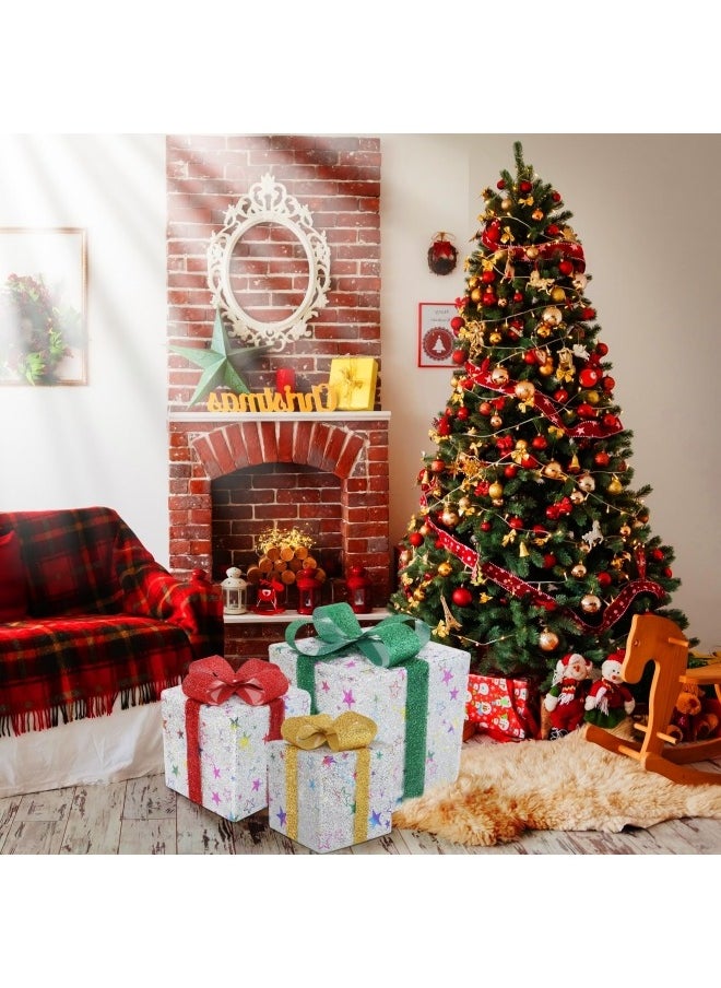 3Pcs Christmas Lighted Gift Boxes with Remote Control, Pre Lit 50 LED Light-Up Presents Box, Foldable Silver Christmas Decorations Lighted Christmas Boxes