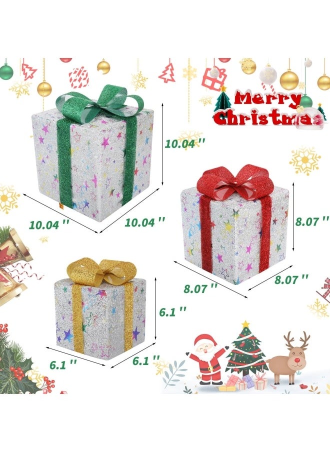 3Pcs Christmas Lighted Gift Boxes with Remote Control, Pre Lit 50 LED Light-Up Presents Box, Foldable Silver Christmas Decorations Lighted Christmas Boxes