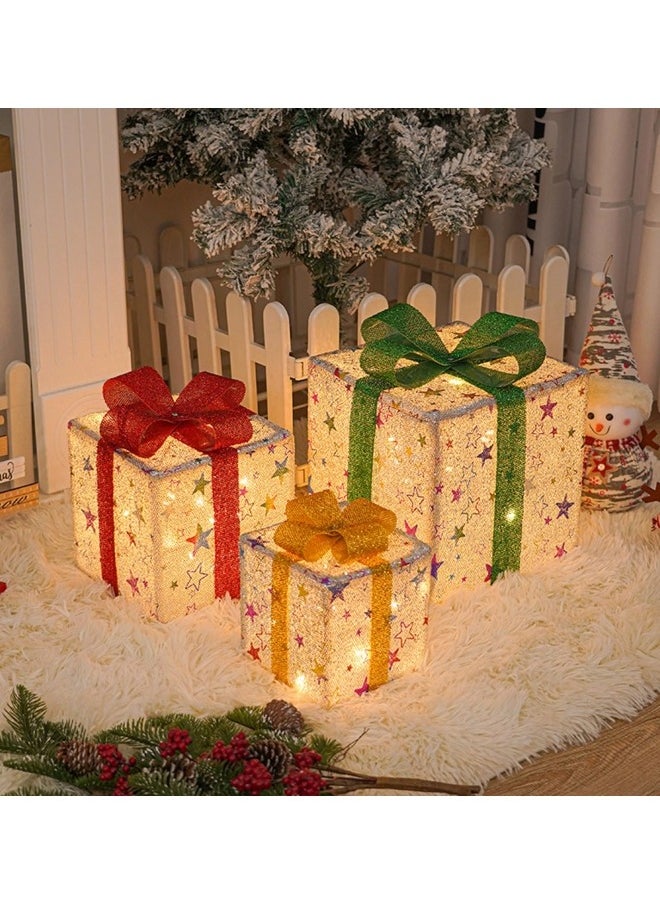 3Pcs Christmas Lighted Gift Boxes with Remote Control, Pre Lit 50 LED Light-Up Presents Box, Foldable Silver Christmas Decorations Lighted Christmas Boxes