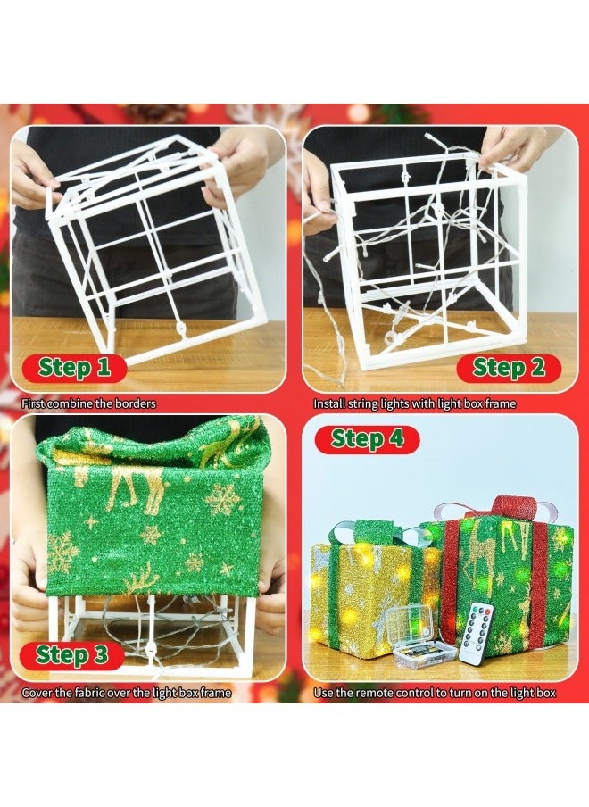 3Pcs Christmas Lighted Gift Boxes with Remote Control, Pre Lit 50 LED Light-Up Presents Box, Foldable Silver Christmas Decorations Lighted Christmas Boxes