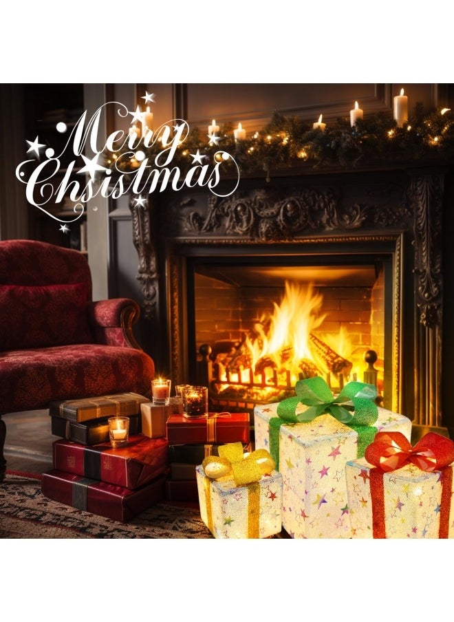 3Pcs Christmas Lighted Gift Boxes with Remote Control, Pre Lit 50 LED Light-Up Presents Box, Foldable Silver Christmas Decorations Lighted Christmas Boxes