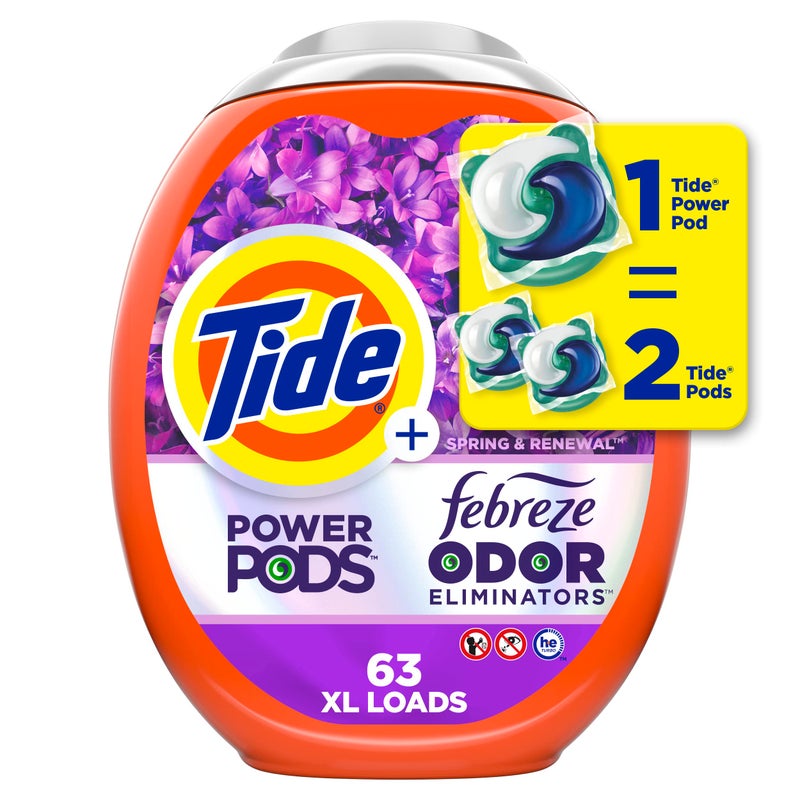 Tide Power Pods with Febreze Laundry Detergent Pacs, 63 Count, Spring & Renewal Scent, All-Day Freshness - Image 1