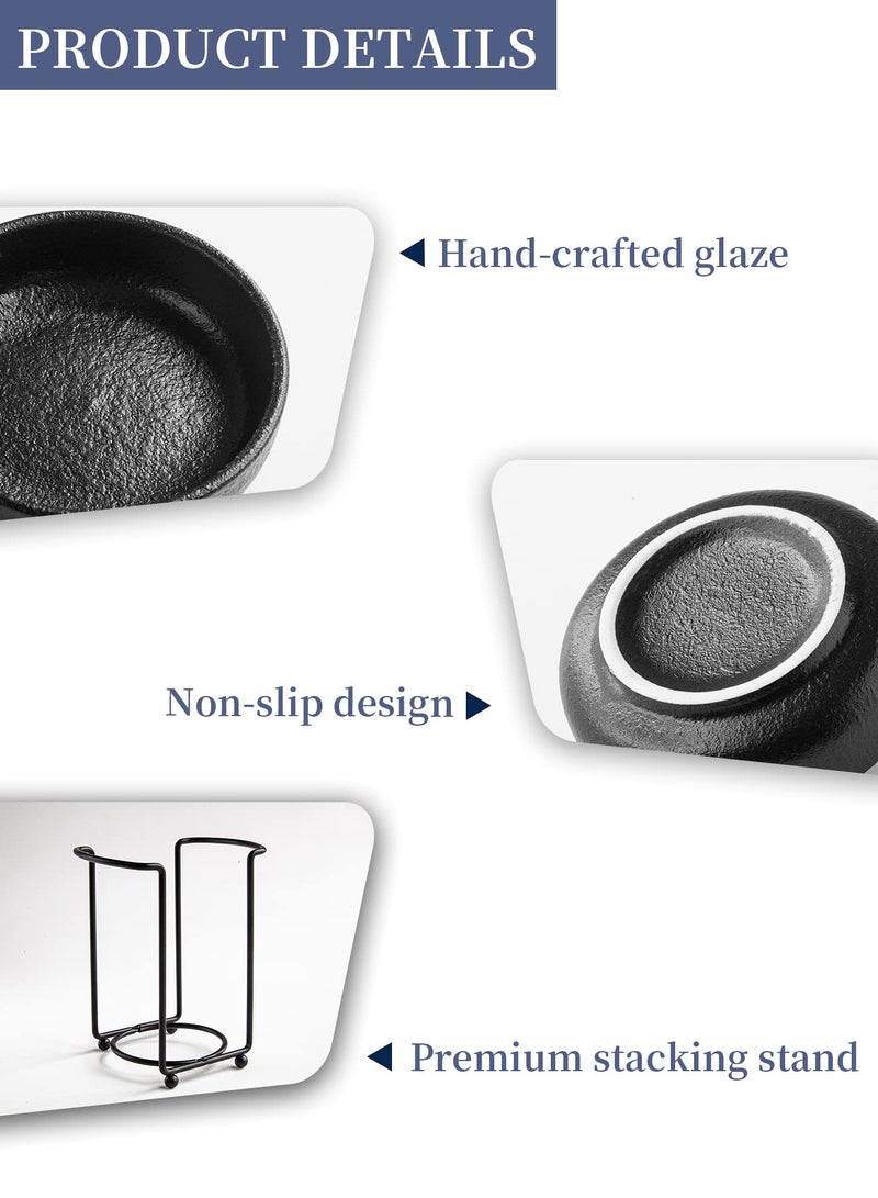 YJR Ceramic Japanese Side Dishes, Seasoning Dishes, Dipping Bowls - 3.5 Inch, with Metal Stand for Ketchup Soy Sauce BBQ Party, Set of 6, Matt Black - Image 3