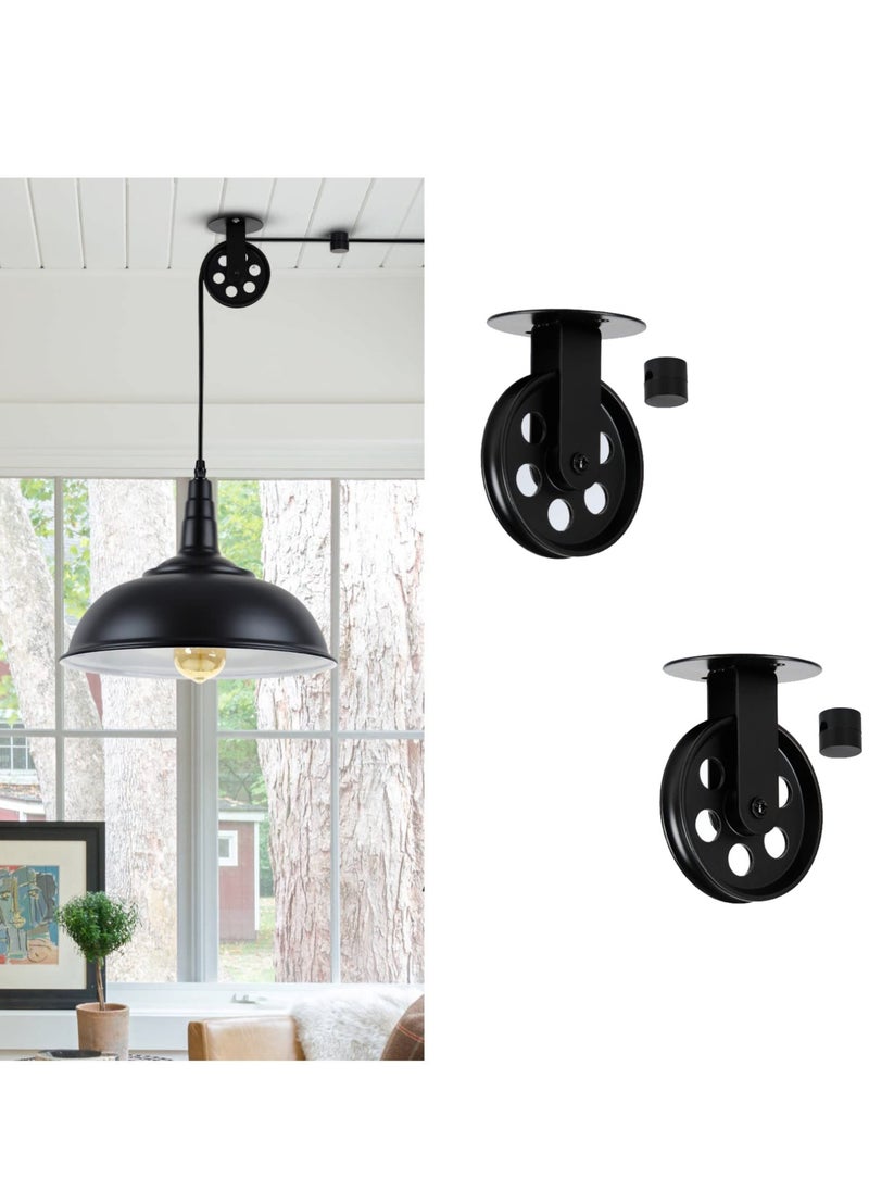 KASTWAVE Black Pulley Wheel, 2.75” Industrial Black Metal Pulley Wheels Set of 2 & Cord Clips for Custom Make Plug in Barn Pendant Light, Rustic Gazebo Pulleys for Chandelier Plant Grow Lights  - Image 1