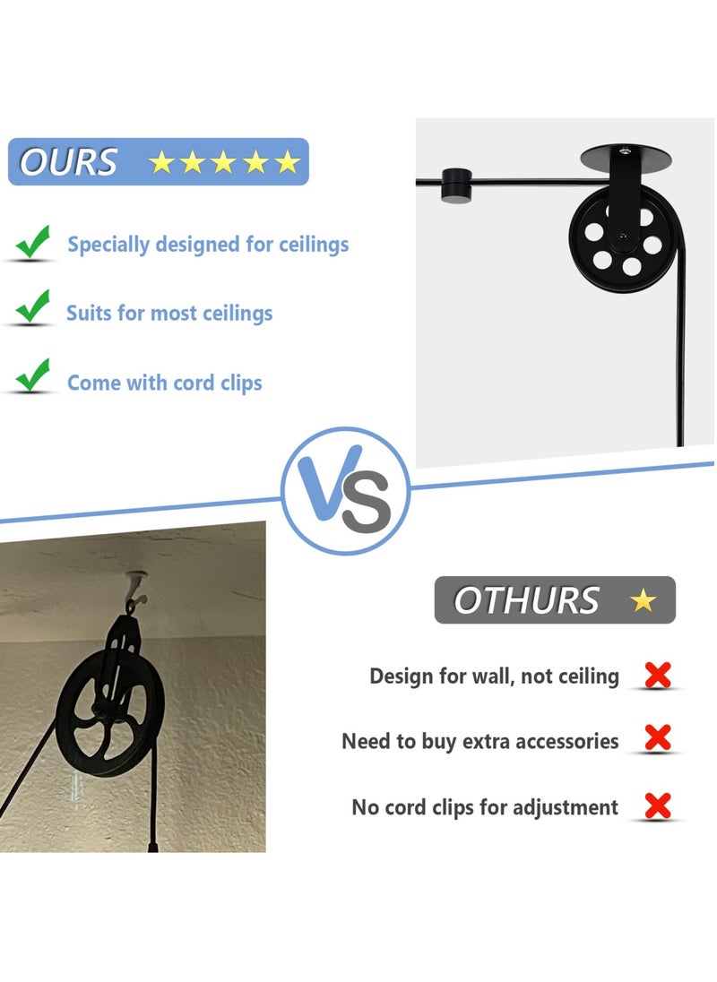 KASTWAVE Black Pulley Wheel, 2.75” Industrial Black Metal Pulley Wheels Set of 2 & Cord Clips for Custom Make Plug in Barn Pendant Light, Rustic Gazebo Pulleys for Chandelier Plant Grow Lights  - Image 2