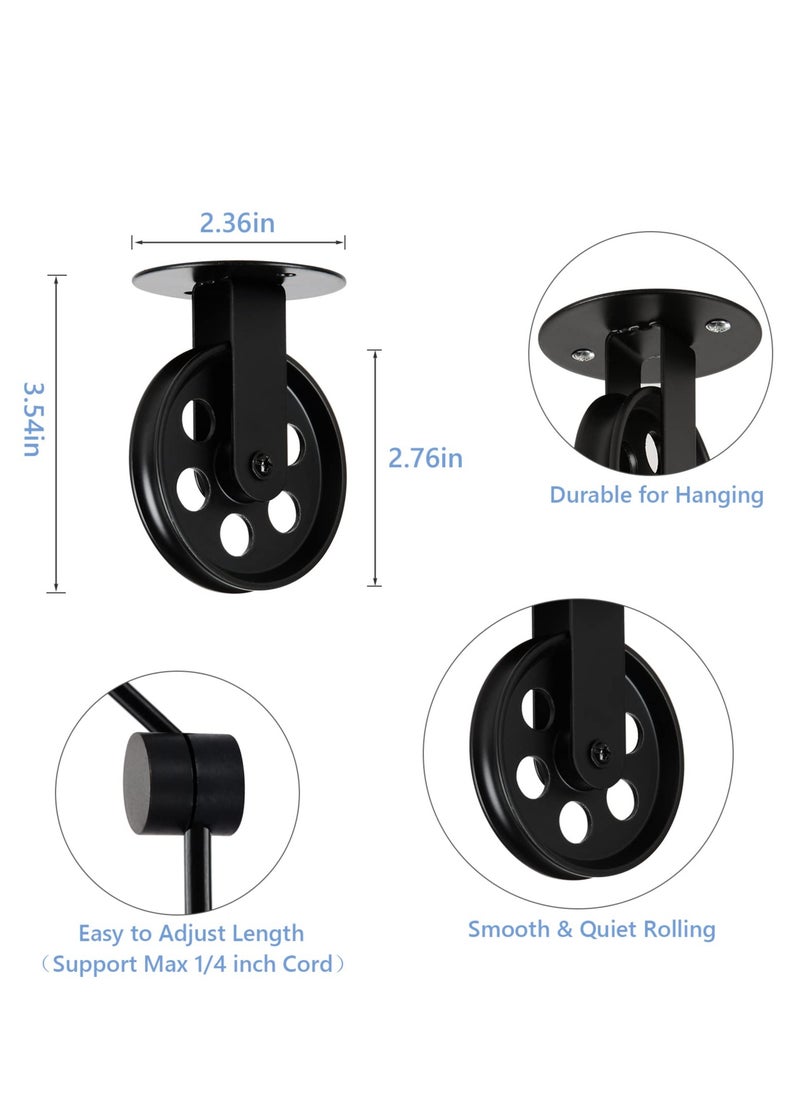 KASTWAVE Black Pulley Wheel, 2.75” Industrial Black Metal Pulley Wheels Set of 2 & Cord Clips for Custom Make Plug in Barn Pendant Light, Rustic Gazebo Pulleys for Chandelier Plant Grow Lights  - Image 5