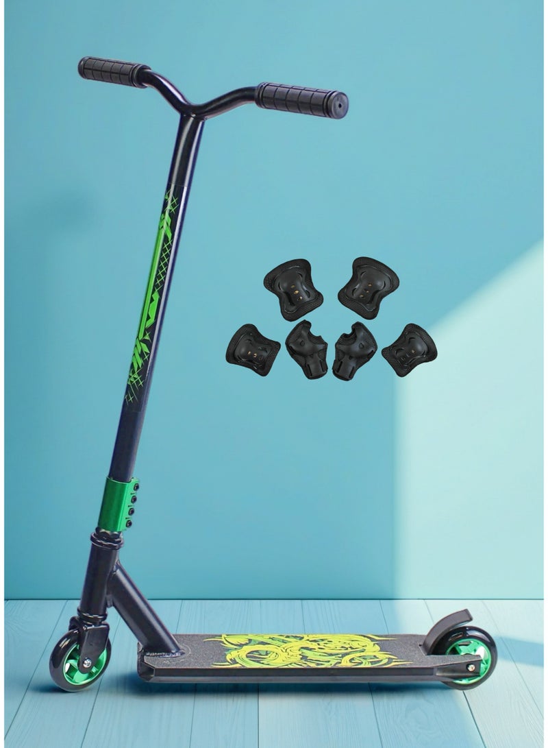 إيزي فيتشور سكوتر حركات بهلوانية بعجلتين من إيزي فيوتشر - سكوتر احترافي للحركات البهلوانية، مزود بشريط تثبيت من الألومنيوم، وعجلات ألومنيوم ١١٠ مم، ومقود عريض على شكل حرف T، وفرامل فولاذية، وخفيف الوزن، ودوار بزاوية ٣٦٠ درجة. مناسب للمبتدئين والمتوسطين، مع طقم معدات واقية. - Image 1