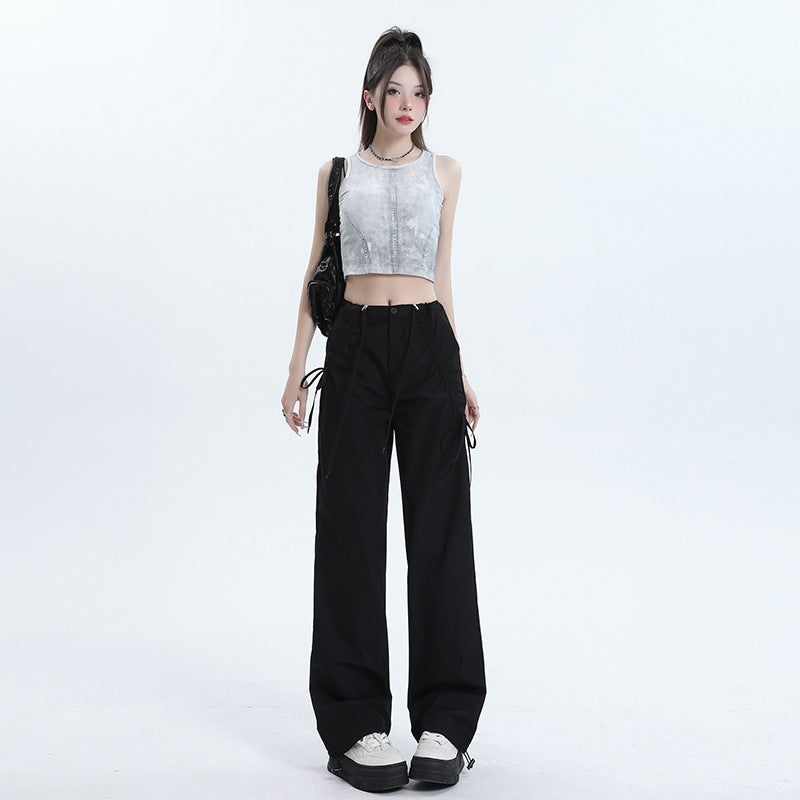 Cracker Khaki Design Sensibility Bowcargo Pants Womens Straight-Leg Loose-Fit High-Waisted Slimming Casual Trousers Summer 2024 Black Trousers  - Image 1