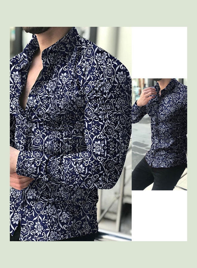 NIBEMINENT Floral Print Slim Fit Casual Shirt Navy Blue/White  - Image 3
