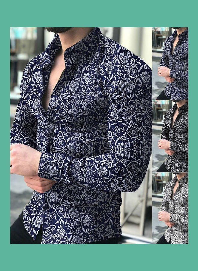 NIBEMINENT Floral Print Slim Fit Casual Shirt Navy Blue/White  - Image 2