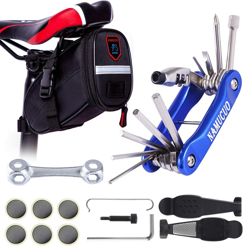 YBEKI 10-in-1 Bike Repair Kit with, 3-in-1 Tire Levers, Glueless Patches, Multifunctional Bone Wrench & Waterproof Saddle Bag | Compact Bicycle Multi-Tool Kit for Emergency Roadside Repairs - Image 1