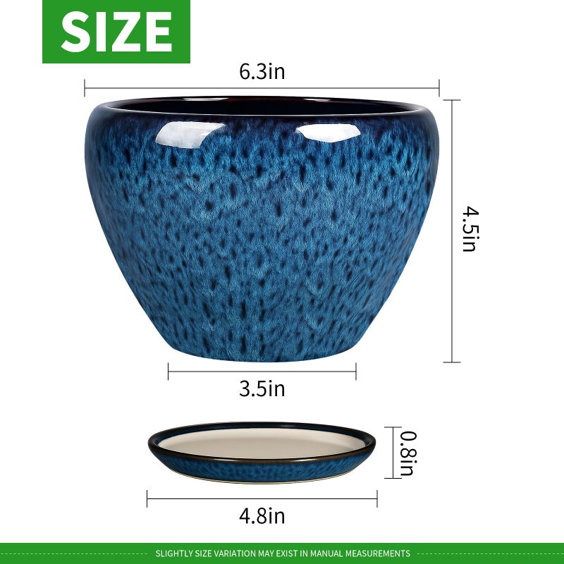 DEEPDREAM Deep Dream 6 Inch Plant Pots- Ceramic Planter Pot with Drainage Hole and Saucer, Round Flower Pot for Indoor Outdoor Succulent, Snake Plants and Cactus, Blue - Image 3