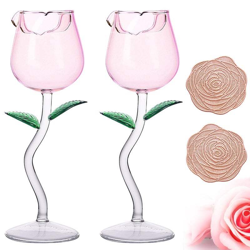 INFTYLE Rose Wine Glasses Set of 2 Creative Wine Goblet Champagne Flutes Classy Red Wine Glass Ideal Gifts for Housewarming Wedding Birthday Celebrations