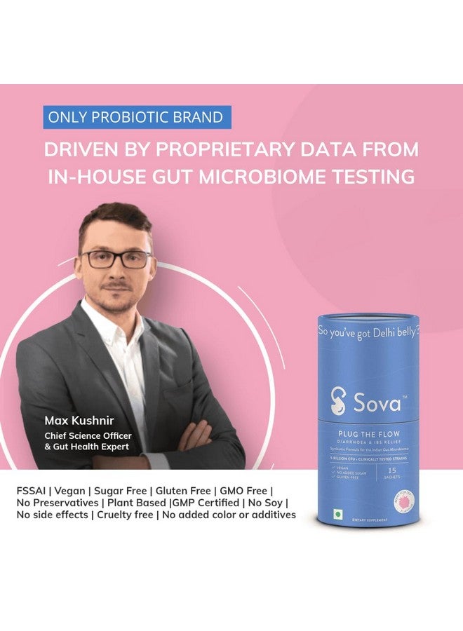 Sova Plug The Flow For Men & Women | Ibs Relief | Prevent Loose Stools, Diarrhea, Upset Stomach | Clinically Researched Prebiotics, Probiotics & Digestive Enzymes | 5 Billion Cfus | 15 Vegan Sachets - Image 4