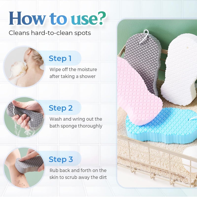 Magic Exfoliating Bath Sponge Super Soft Reusable Body Scrubber Skin Friendly 2pc Blue Pink - Image 4