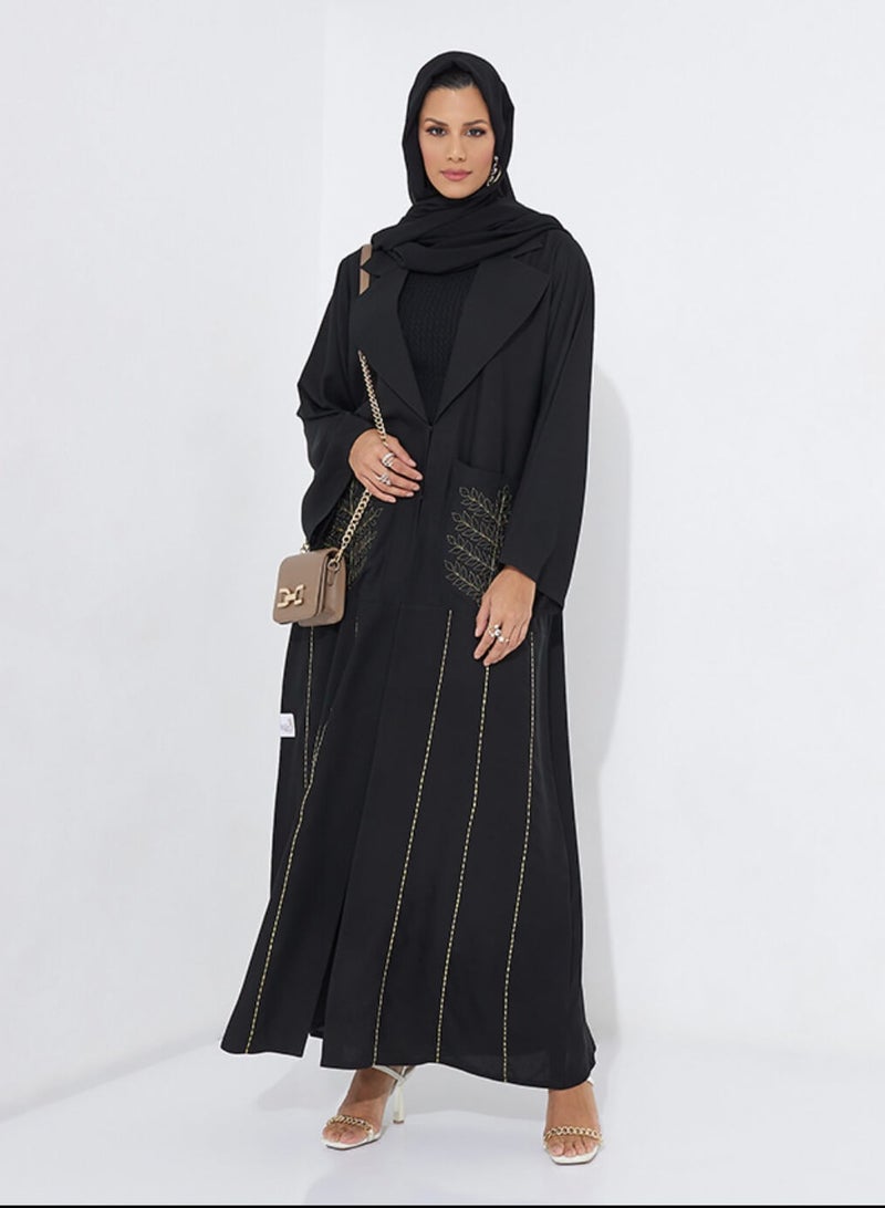 Rosette Abaya Embellished Abaya with gold embroidery with pocket - Image 4