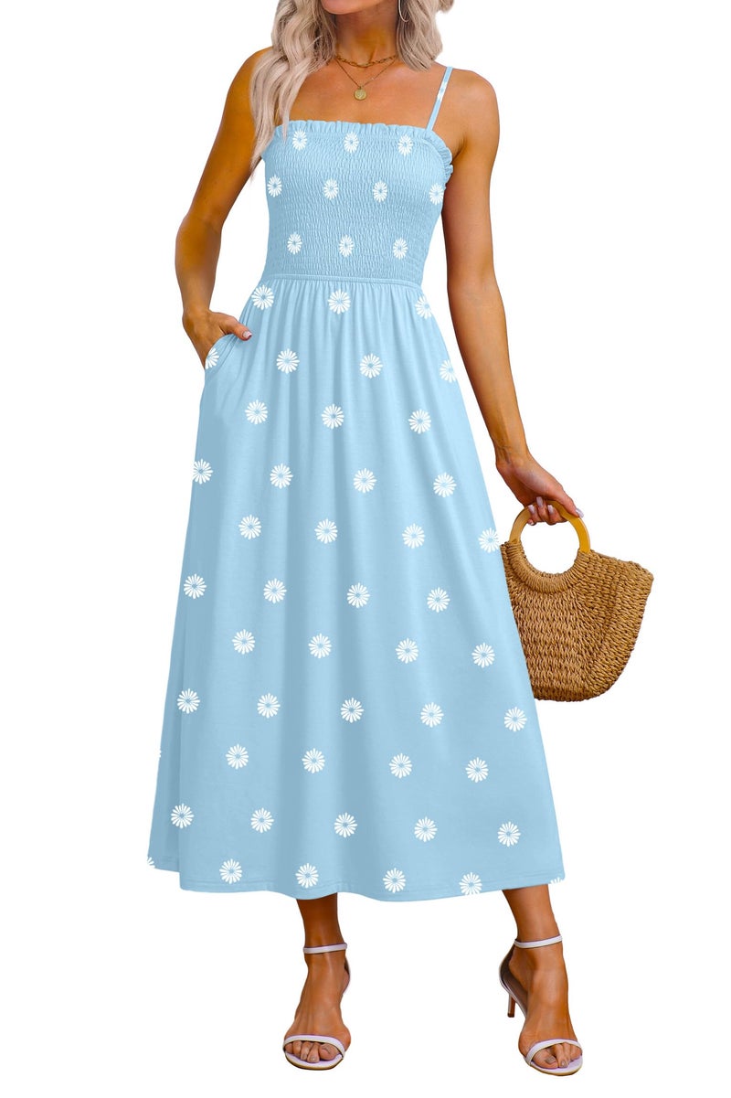OFEEFAN Boho Maxi Dress Spaghetti Strap Spring Sundresses for Women with Pockets Summer Clothes Blue Daisy L - Image 1