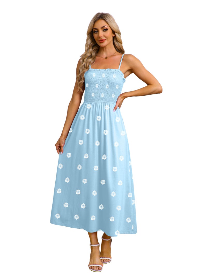 OFEEFAN Boho Maxi Dress Spaghetti Strap Spring Sundresses for Women with Pockets Summer Clothes Blue Daisy L - Image 4