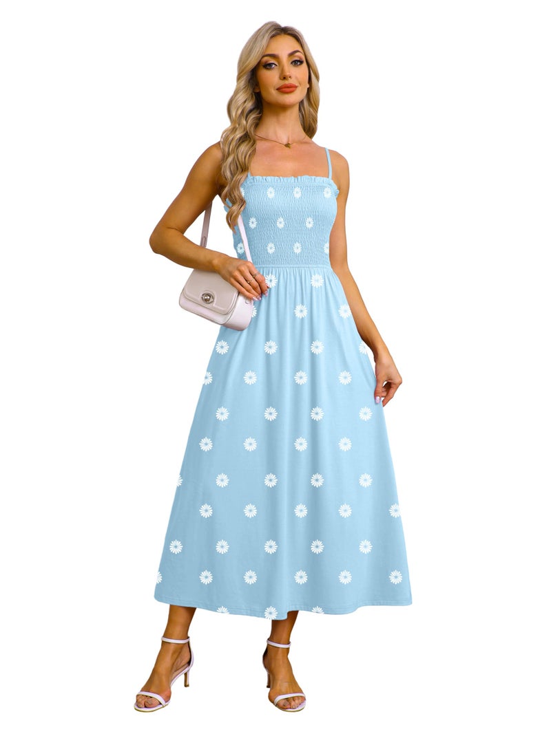 OFEEFAN Boho Maxi Dress Spaghetti Strap Spring Sundresses for Women with Pockets Summer Clothes Blue Daisy L - Image 3