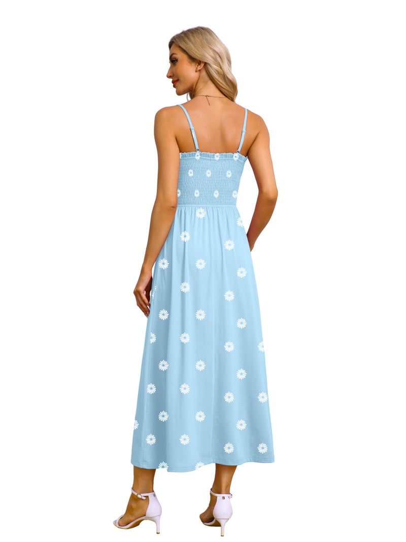 OFEEFAN Boho Maxi Dress Spaghetti Strap Spring Sundresses for Women with Pockets Summer Clothes Blue Daisy L - Image 5