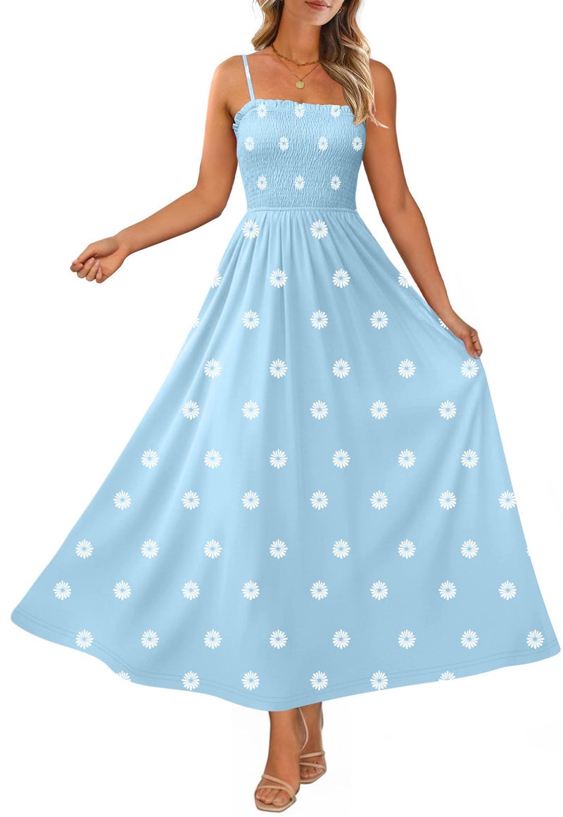 OFEEFAN Boho Maxi Dress Spaghetti Strap Spring Sundresses for Women with Pockets Summer Clothes Blue Daisy L - Image 2