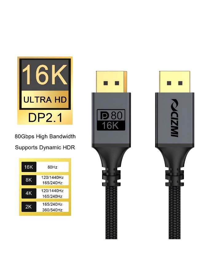 سيزمي ✦ كابل DisplayPort 2.1 بدقة 16K بسرعة فائقة 80Gbps بطول 1 متر | يدعم DP80 UHBR20 بسرعة 80Gbps | يدعم 16K@60Hz و8K@240Hz | يدعم VRR وALLM وeARC وHDCP وG-Sync | مناسب لأجهزة الكمبيوتر وبطاقات الرسومات والشاشات وأجهزة العرض وأجهزة الألعاب | تصميم بدون قفل (Latch-Free) | اللون رمادي | تصميم مضفّر | بطول 1 متر - Image 1