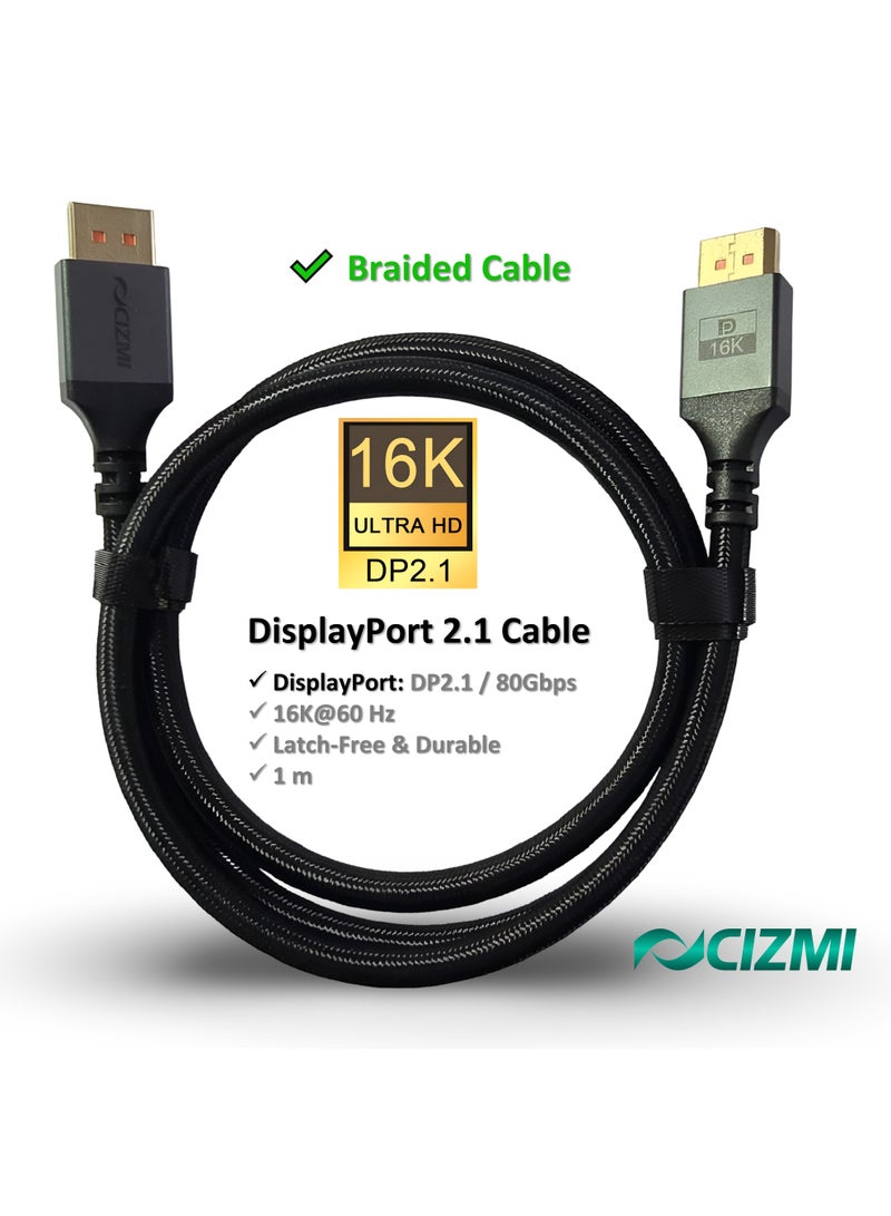 سيزمي ✦ كابل DisplayPort 2.1 بدقة 16K بسرعة فائقة 80Gbps بطول 1 متر | يدعم DP80 UHBR20 بسرعة 80Gbps | يدعم 16K@60Hz و8K@240Hz | يدعم VRR وALLM وeARC وHDCP وG-Sync | مناسب لأجهزة الكمبيوتر وبطاقات الرسومات والشاشات وأجهزة العرض وأجهزة الألعاب | تصميم بدون قفل (Latch-Free) | اللون رمادي | تصميم مضفّر | بطول 1 متر - Image 2