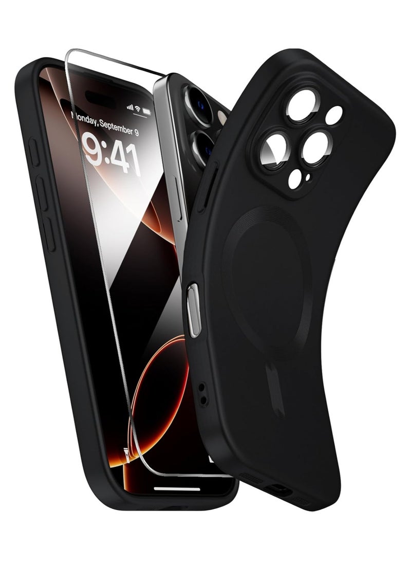 Magnetic for iphone 16 Pro Max Case with Screen Protector, Compatible with MagSafe, [Built-in Camera Lens Protector] Silicone Soft Anti-Scratch Shockproof Slim Cases for 16 Pro Max, Black - Image 1