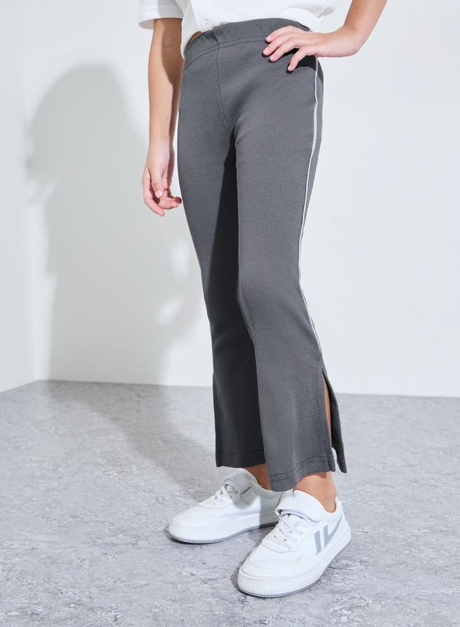 Styli Girls Grey Ribbed Leggings with Side Stripe and Slit - Image 1
