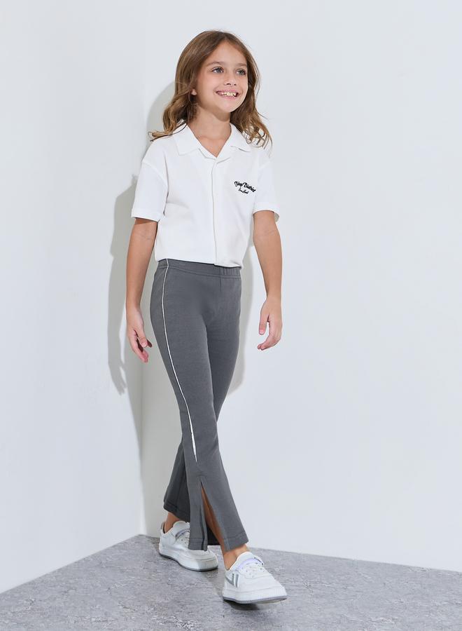 Styli Girls Grey Ribbed Leggings with Side Stripe and Slit - Image 2