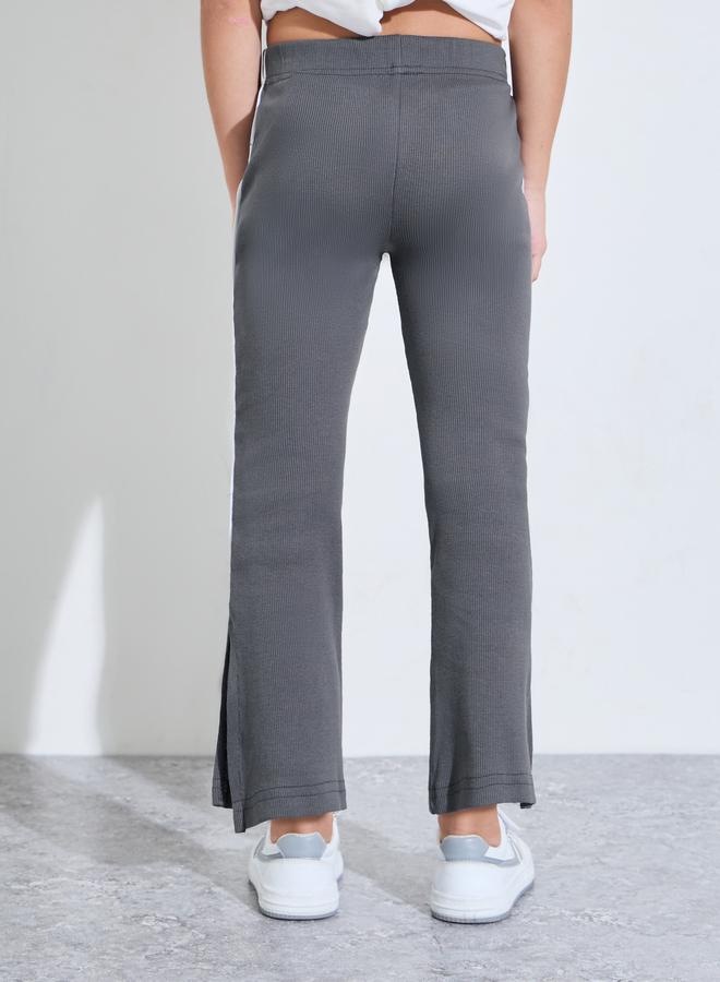 Styli Girls Grey Ribbed Leggings with Side Stripe and Slit - Image 4