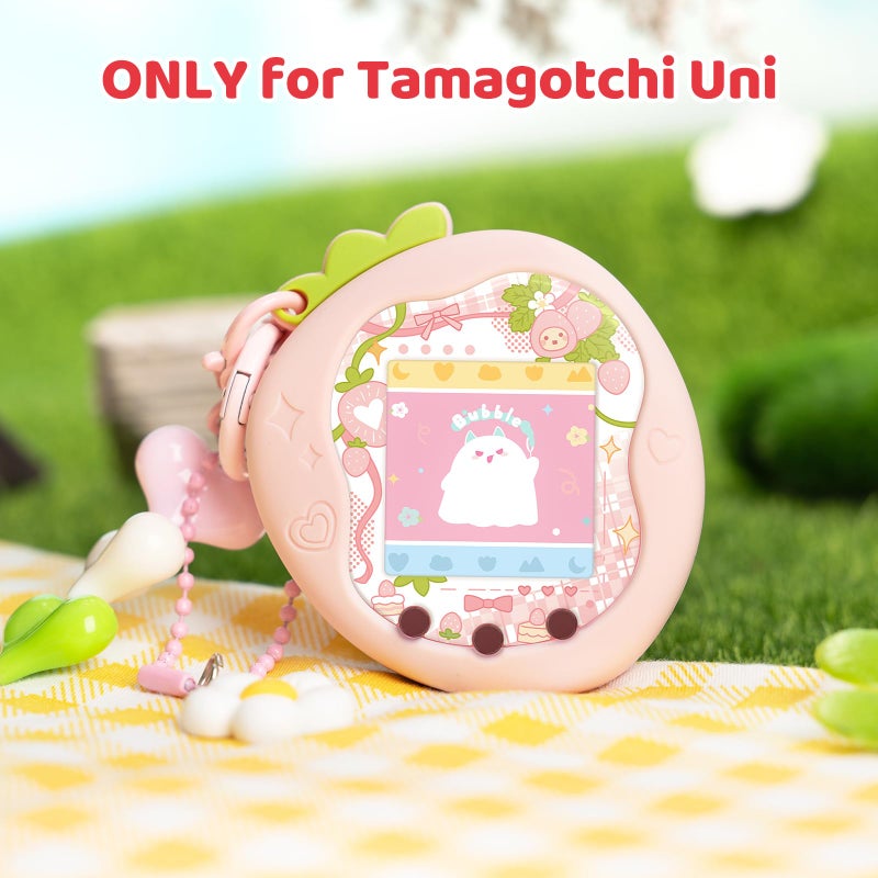 BUBBLELOGUS Strawberry Bubble Protective Case for Tamagotchi Uni, Soft TPU Silicone Cover with Faceplate & Charms Set, Anti-Scratch & Waterproof (Pink) - Image 2