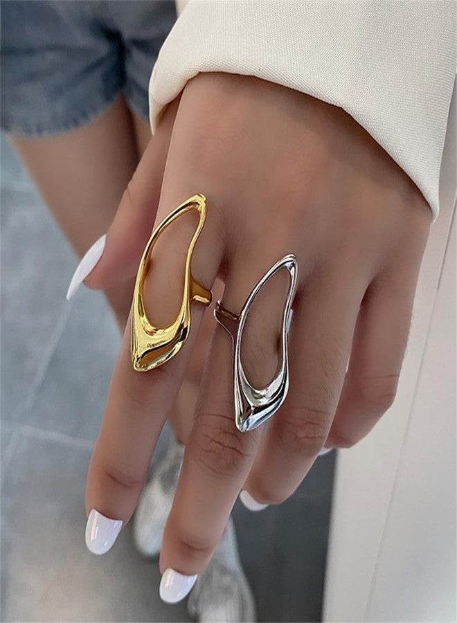 Dtja Hollow Teardrop Statement Ring for Women Gold Plated Fashion Geometric Simple Adjustable Open Wrap Knuckle Finger Rings Comfort Fit Minimalist Unique Chic Jewelry Gift for Holiday Size 6-7 (Golden) - Image 3