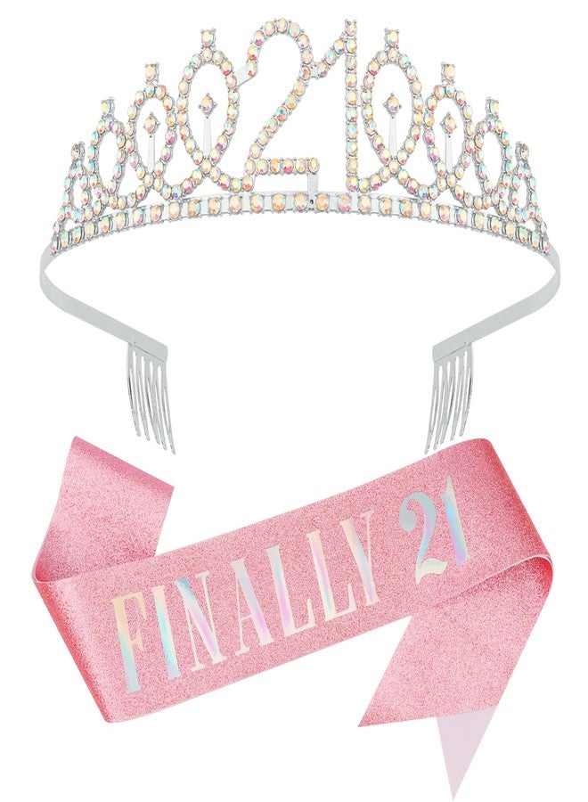 KICOSY 21st Birthday Crowns and Sashes for Women, Princess Tiara Sash Set Elegant Sliver Crown with Combs for Girls, 21st Birthday Decorations for Her Party Hair Accessories Gifts - Image 1