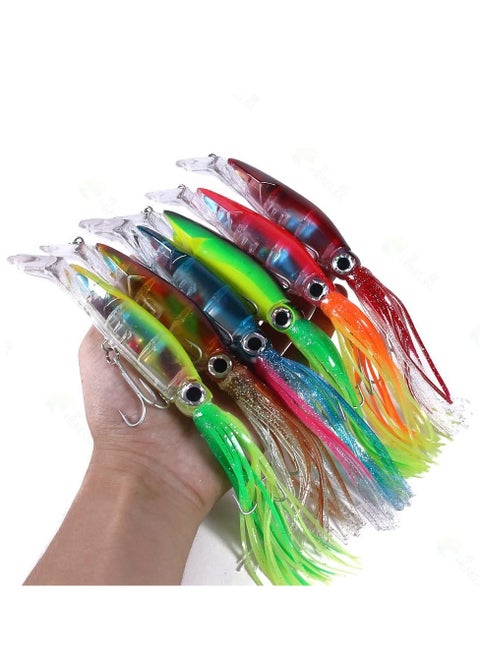 6Pcs Fishing Lures Kit - 24cm 40g Large Simulation Squid Saltwater Fishing Lure Set, Lifelike Artificial Baits with 3D Eyes, 2 Sharp Treble Hooks