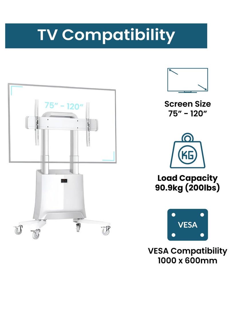 ان بي ايرجونوميك عربة تلفزيون متنقلة قابلة لتعديل الارتفاع الالكتروني لشاشات 75 إلى 120 بوصة، تتحمل حتى 90.9 كجم، متوافقة مع VESA من 200x200 إلى 1000x600 مم، مثالية لغرف الاجتماعات الذكية والمؤتمرات، أبيض | G100 - Image 2