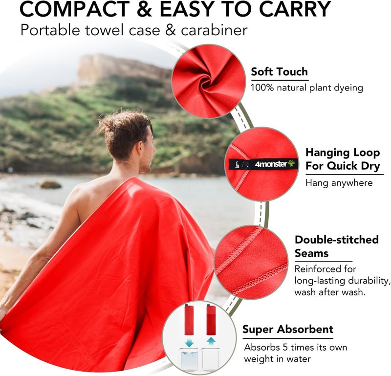 4Monster Camping Towels Super Absorbent, Fast Drying Microfiber Travel Towel, Ultra Soft Compact Gym Towel for Beach Hiking Yoga Travel Sports Backpack (Red, Small (15.8 x 31.5 inches)) - Image 3