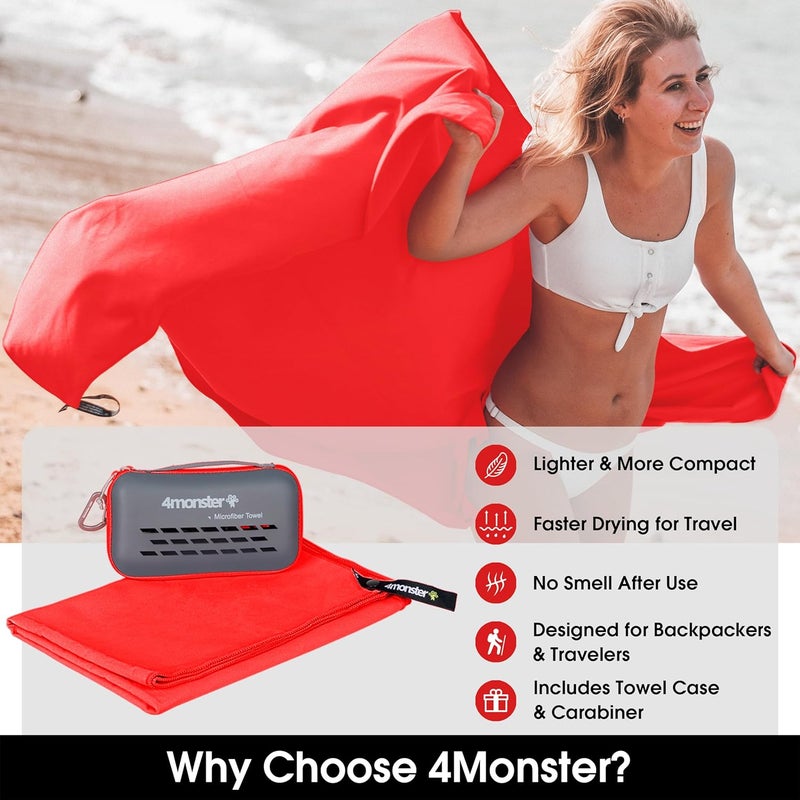 4Monster Camping Towels Super Absorbent, Fast Drying Microfiber Travel Towel, Ultra Soft Compact Gym Towel for Beach Hiking Yoga Travel Sports Backpack (Red, Small (15.8 x 31.5 inches)) - Image 2