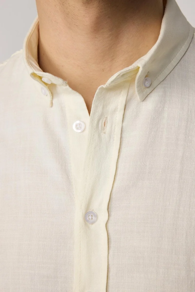 تودورس Slim Fit Long Sleeve Buttoned Collar Linen Ecru Men's Shirt