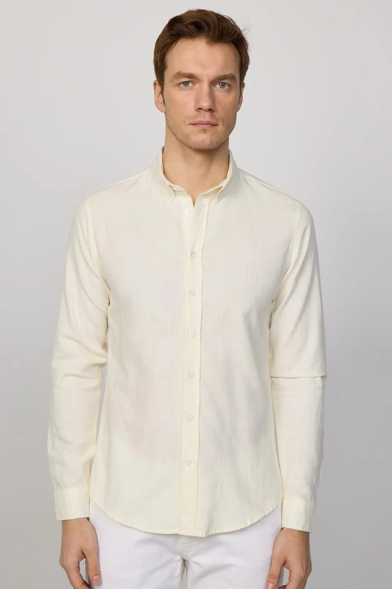 تودورس Slim Fit Long Sleeve Buttoned Collar Linen Ecru Men's Shirt