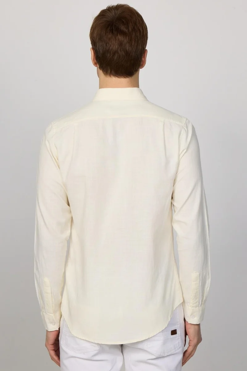 تودورس Slim Fit Long Sleeve Buttoned Collar Linen Ecru Men's Shirt