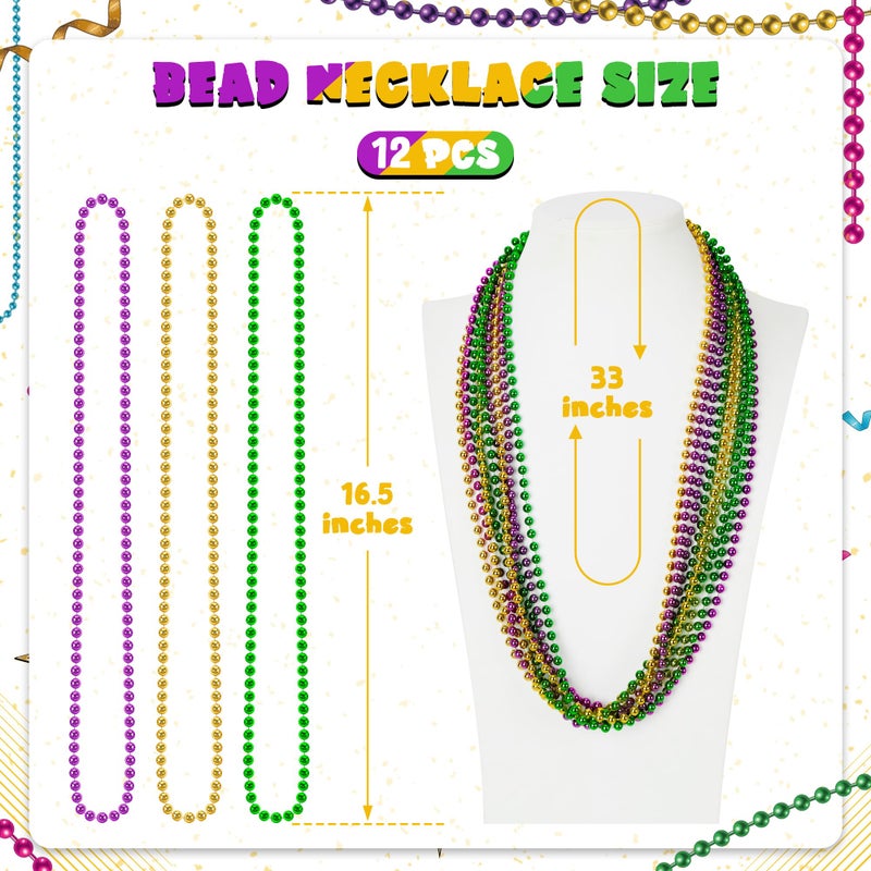 Huskein 12 PCS Mardi Gras Beads Necklaces, 33" 3 Colors Beads Accessories Bulk, Carnival Purple Green Gold Party Supplies, Carnival Beads Necklace Accessories for Masquerade Holiday Party Favors Decorations - Image 2