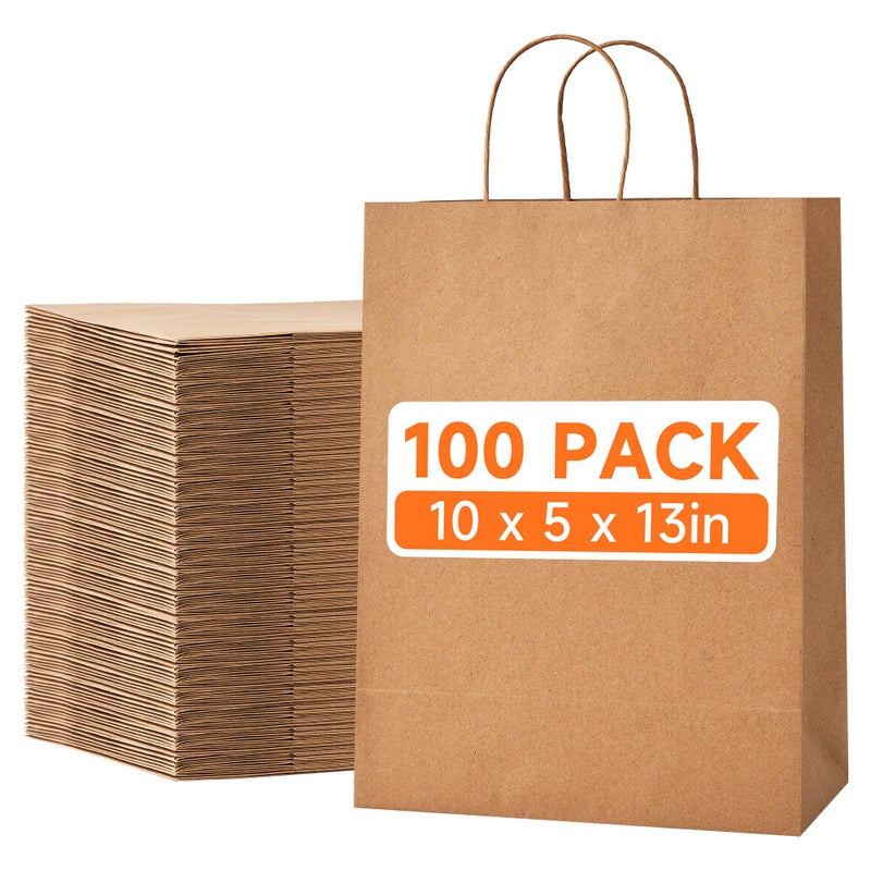 METAPRINT 100pcs Large Brown Paper Bags with Handles in Bulk, 10x5x13 Kraft Gift Bags, Recyclable Shopping Bags for Retail, Birthday, Parties & Weddings - Image 1