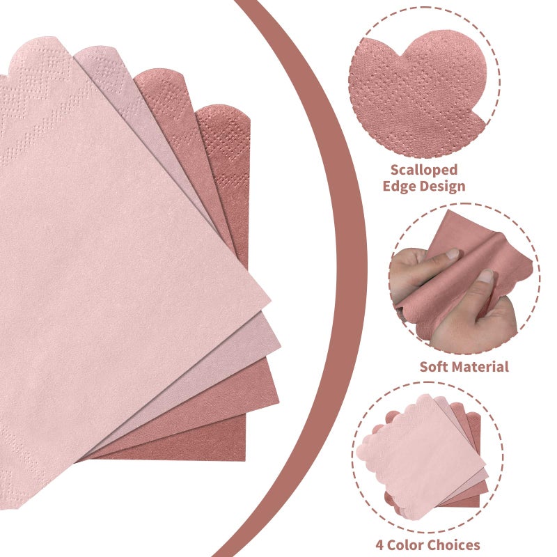 Xiangqu 120 Pack Dusty Pink Napkins, 5 x 5 Inch Valentines Napkins Gradient Pink Cocktail Napkin Scalloped Beverage Dessert Napkin for Dinner Wedding Baby Shower Bridal Anniversary Reception - Image 3