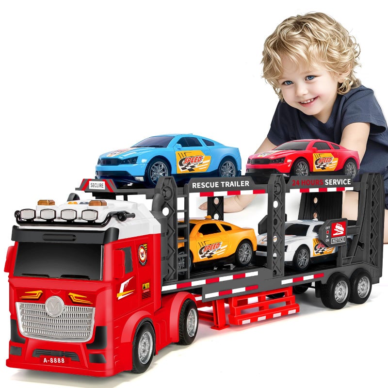 Bstoyder Toddler Boy Toys for 3 4 5 6 7 Years Kids 21 Double Layer Race Truck Toy with 4 Racing Cars Friction Powered Vehical Toys with Lights and Sounds Birthday for Boy GirlsRed - Image 3